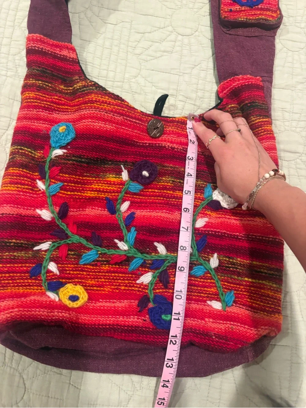 Handcrafted Colorful Hobo Bag with Embroidered Floral Detail Made in Nepal